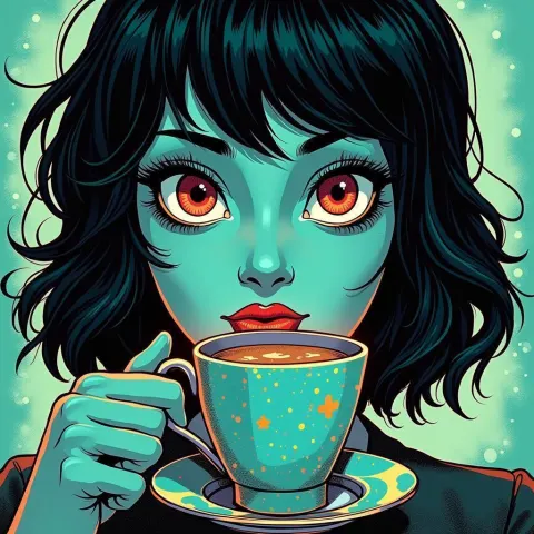 Manga Lady With a Psychedelic Cuppa in Teal