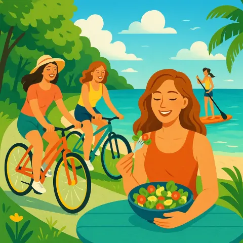Group of Women Is Riding Bicycles Along a Lush