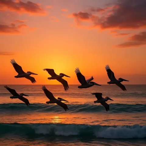 Pelicans Soaring Gracefully over the Ocean’s Surface as the Sun