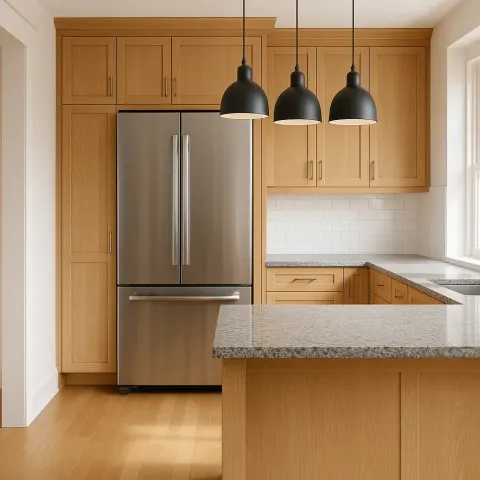 Well-lit Kitchen Features a Spacious Stainless Steel Refrigerator