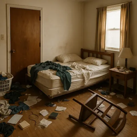 Messy Bedroom Featuring a Wooden Door