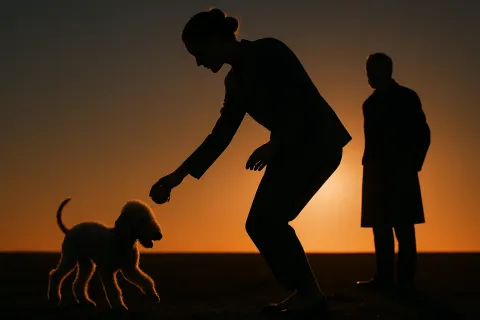 Poised Figure Plays with a Lamb-like Bedlington Terrier