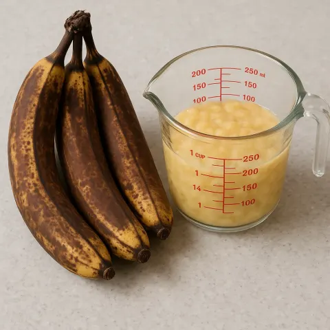 Overripe Bananas on a Countertop Beside a Measuring Cup Filled