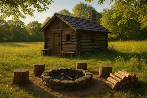 Rustic Wooden Cabin Nestled in a Sunlit Meadow