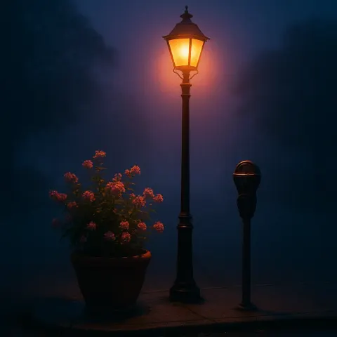 Lively Streetlight Illuminates a Blooming Potted Plant