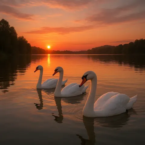 Three Graceful White Swans Are Traversing the Calm Waters
