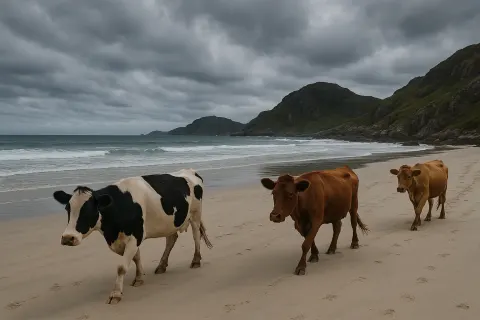 Cows Walking Along a Deserted Beach under a Cloudy Sky