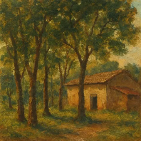 Oil Painting Depicting a Cluster of Trees Next