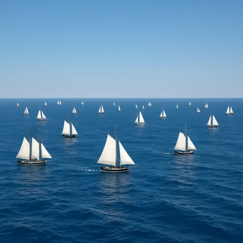 Many Distant Sailing Ships with White Sails Dot a Vast