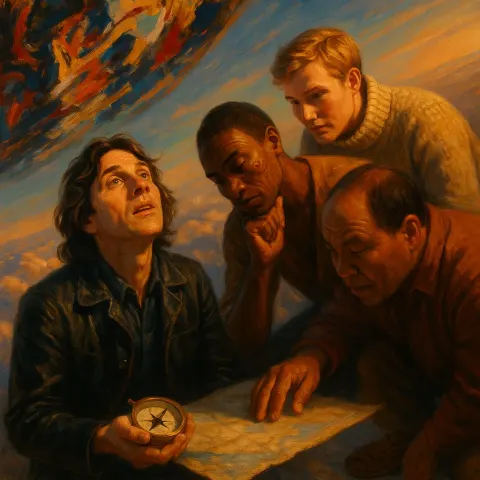 Four Figures Interact with Non-representational and Expressive Artistry
