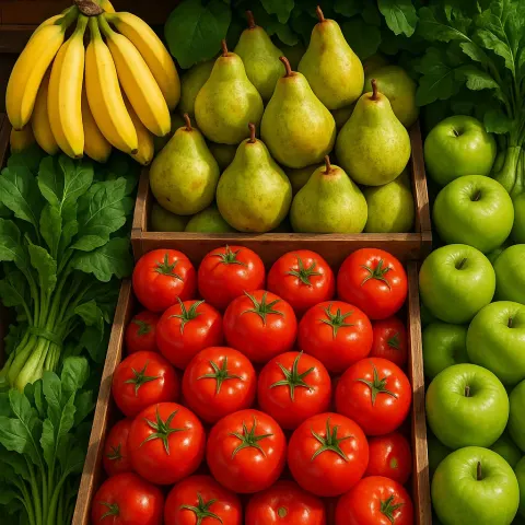 Colorful Fruit and Vegetable Market Display Featuring Bananas