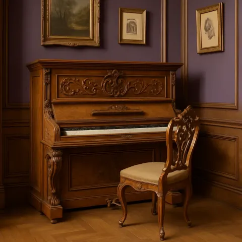 Ornate Wooden Piano and Chair Are Set in an Elegant