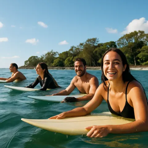 Group of People Swimming and Holding Surfboards in the Ocean