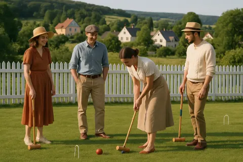 Group of People Playing Croquet on a Grassy Lawn