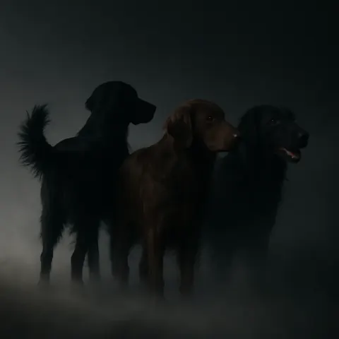 Three Flat-coated Retrievers—one an Athletic