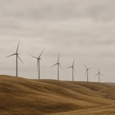 Sparse Line of Distant Wind Turbines Turns Slowly