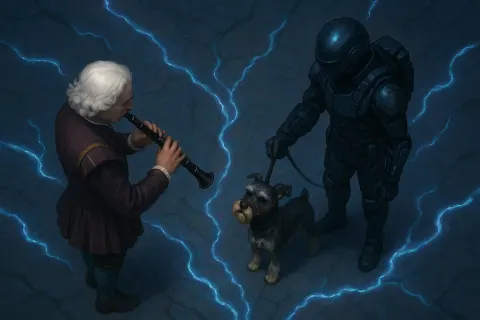White-haired Figure in Renaissance Attire Plays a Dark Oboe
