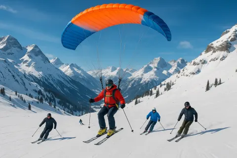 Amid Snowy Mountains Filled with Skiers