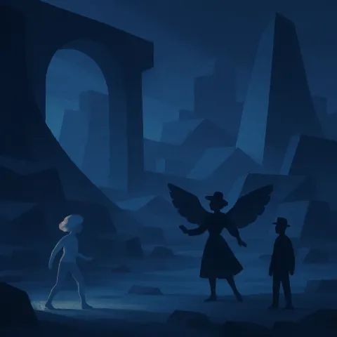 Three Diminutive Figures Are Observed Interacting Amidst an Immense