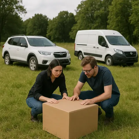 Two People Examine a Large Box in a Grassy Field