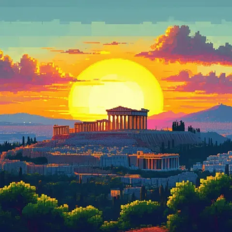 Pixel Sun Setting Behind the Parthenon