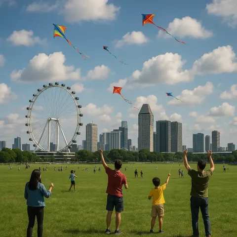 City Skyline Featuring a Large Ferris Wheel in the Background