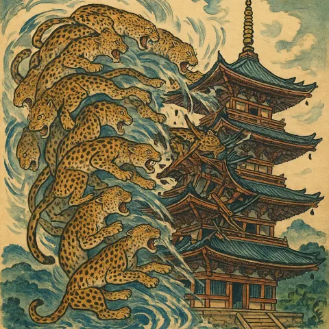 Pagoda Struck by a Swirling Vortex Made Up of Leopards
