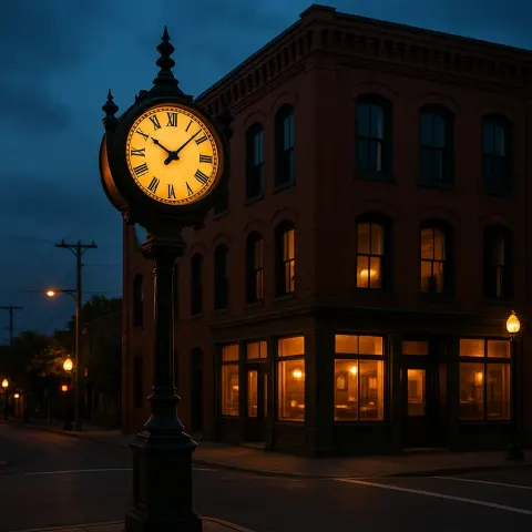 Corner Street View with a Lit Vintage Street Clock
