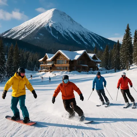 People Snowboarding and Skiing on a Snowy Slope