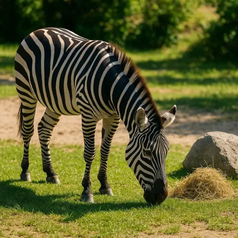 Zebra Grazing on Grass near a Small Pile of Hay