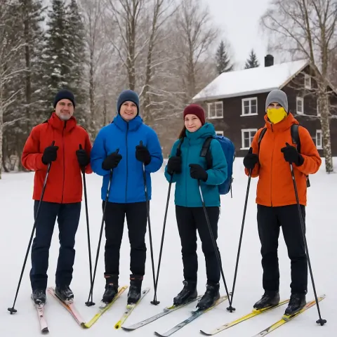 Group of People Dressed in Winter Gear and Skis Standing