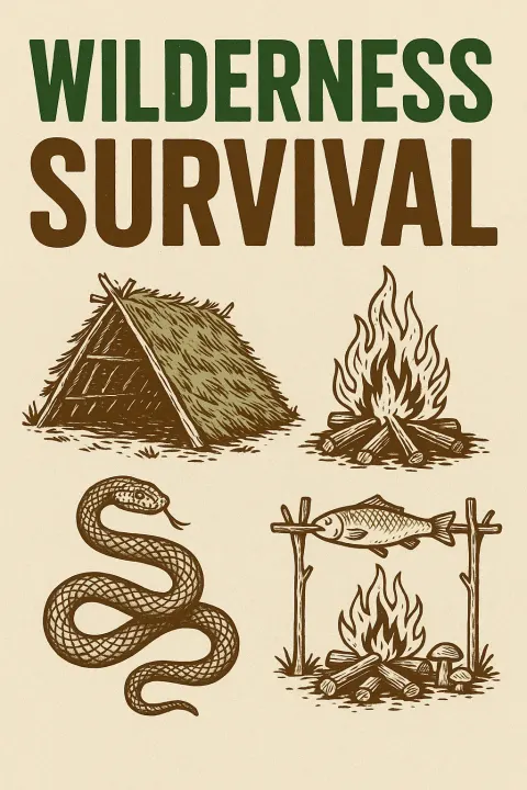 Wilderness Survival Book Cover Featuring Illustrations of a Shelter