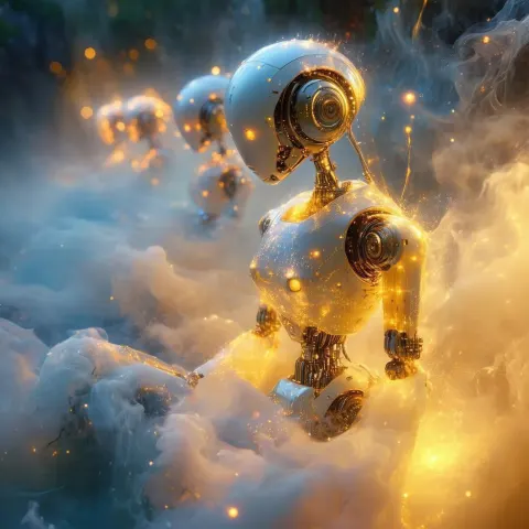 Ethereal Robots Drifting Through a Luminous Dreamworld