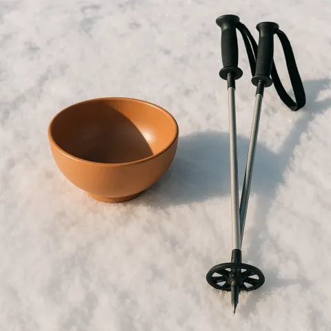 Pair of Ski Poles Resting Next to a Bowl