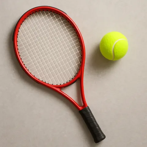 Lime-green Sports Ball Placed Beside a Red Tennis Racket