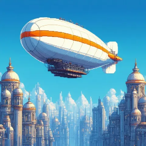 Pixel Zeppelin Gliding Over Domed Cityscape