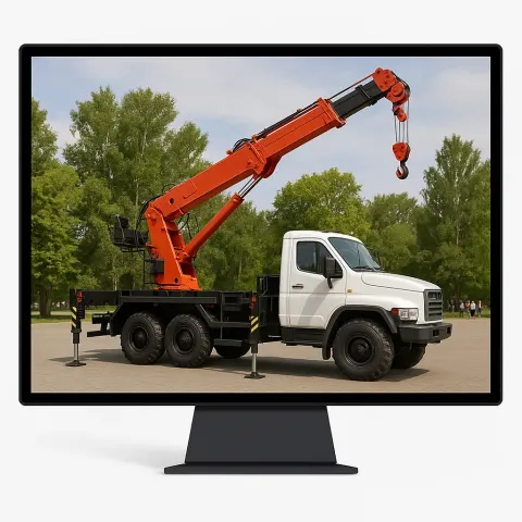 Black Monitor Frame Displaying an Image of a Hydraulic Crane