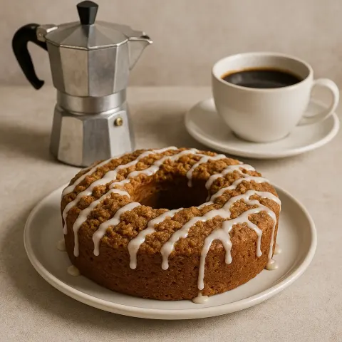 Glazed Coffee Cake on a Plate with a Cup