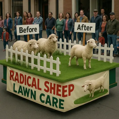 Parade Float Displays "Radical Sheep Lawn Care"