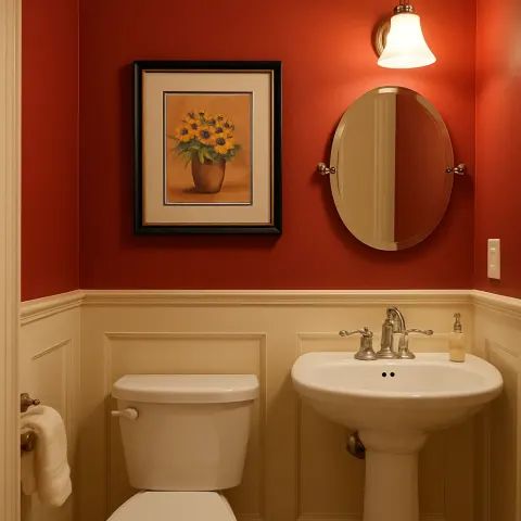 Walls in This Bathroom Are Painted Red and Cream