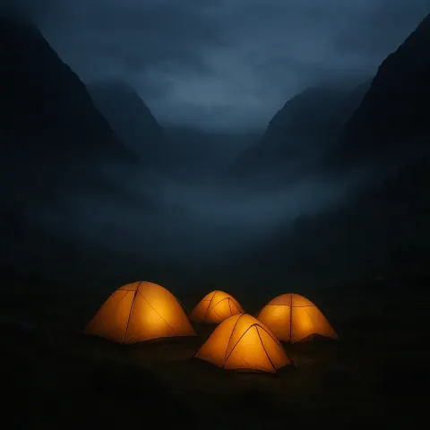Small Cluster of Illuminated Tents Glows Warmly