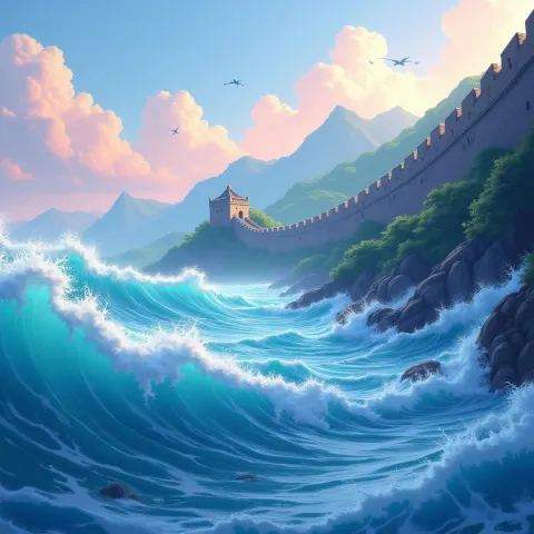 Playful Animated Waves Lap the Great Wall
