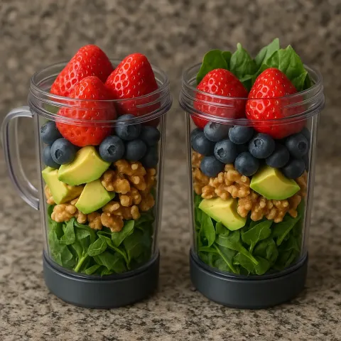 Two Blender Cups Filled with Strawberries