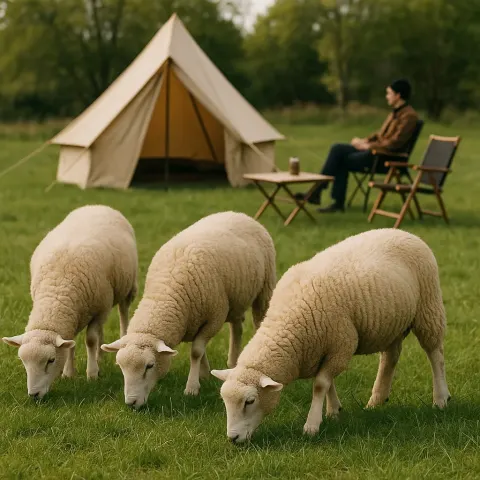 Three Sheep Grazing in a Grassy Field near a Tent
