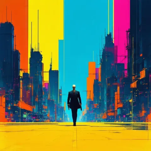 Hitman Stalking a Vibrant Futuristic City