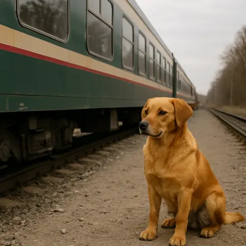 Picture of a Dog Positioned Close to a Stationary Train