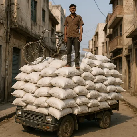 Man Stands on a Heavily Loaded Truck