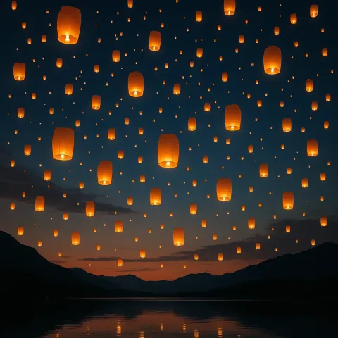 Countless Glowing Lanterns Ascend into the Twilight Sky