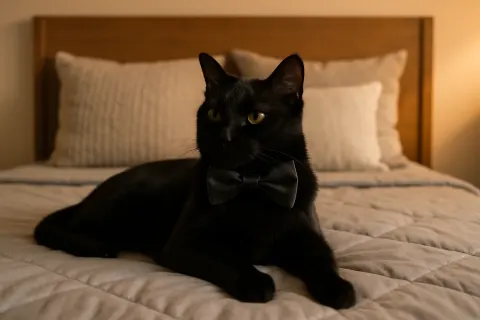 Sophisticated Black Cat Adorned with a Sleek Bow Tie Lounges