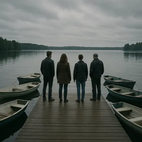 People Standing on a Wooden Dock Surrounded by Small Boats